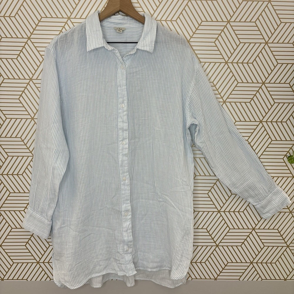 LL Bean Top Womens XL Blue Stripe Cloud Gauze Cover Up Shirt Tunic Coastal Beach